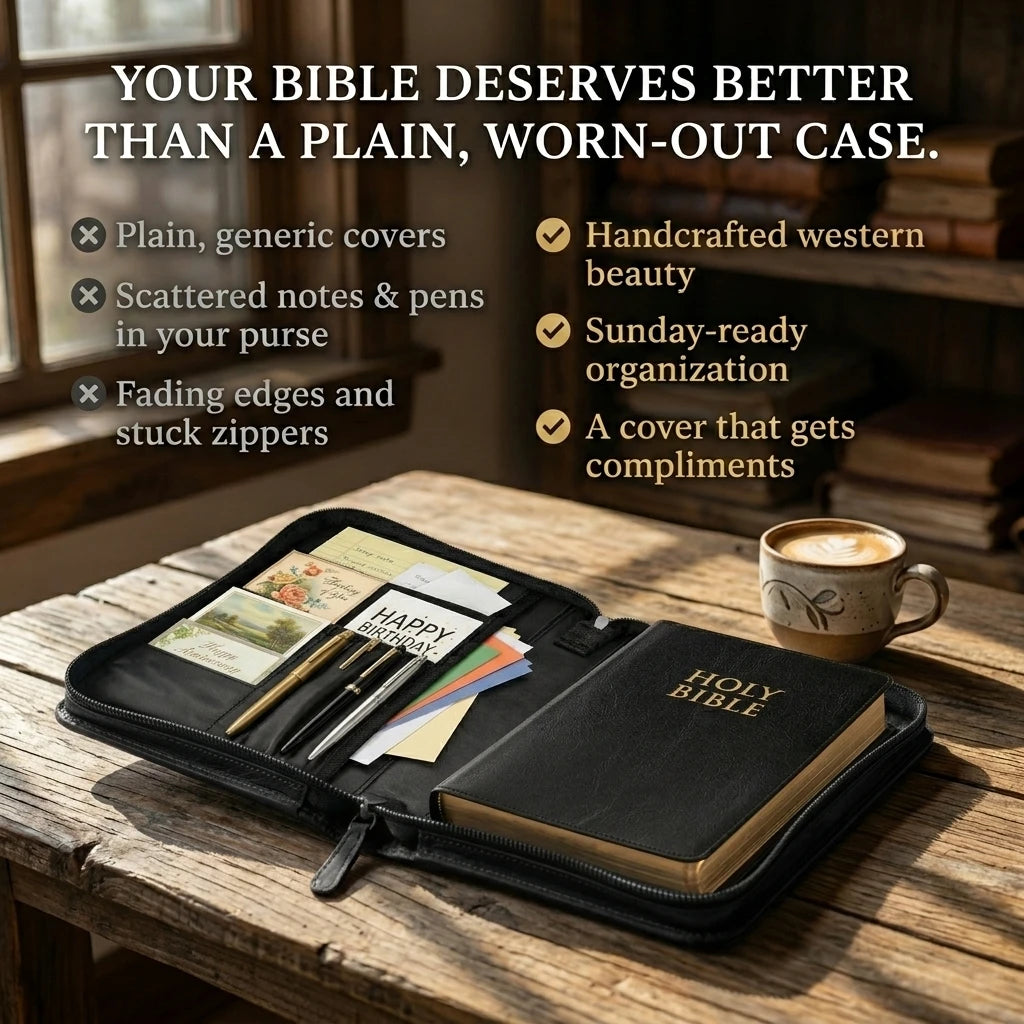 Last Day Sale!🔥 50% OFF The Sunday Grace Western Cowhide Bible Organizer — Handcrafted Zip-Around Cover for Study & Church