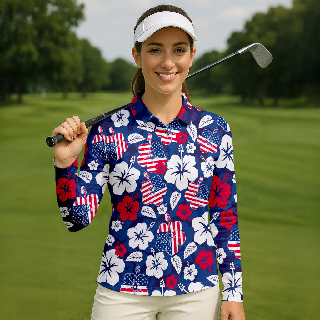 Tropical Hibiscus American Flag Womens Golf Polo Shirt, 4th Of July Shirts, US 250 Anniversary Ladies Golf Shirt