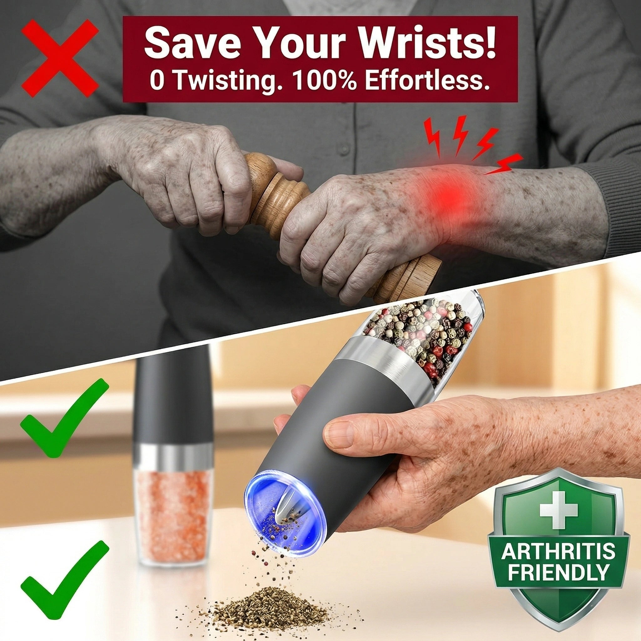 Last Day Sale!🔥 50% OFF Premium Gravity Salt & Pepper Grinder - Arthritis Friendly