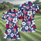 Tropical Hibiscus American Flag Womens Golf Polo Shirt, 4th Of July Shirts, US 250 Anniversary Ladies Golf Shirt