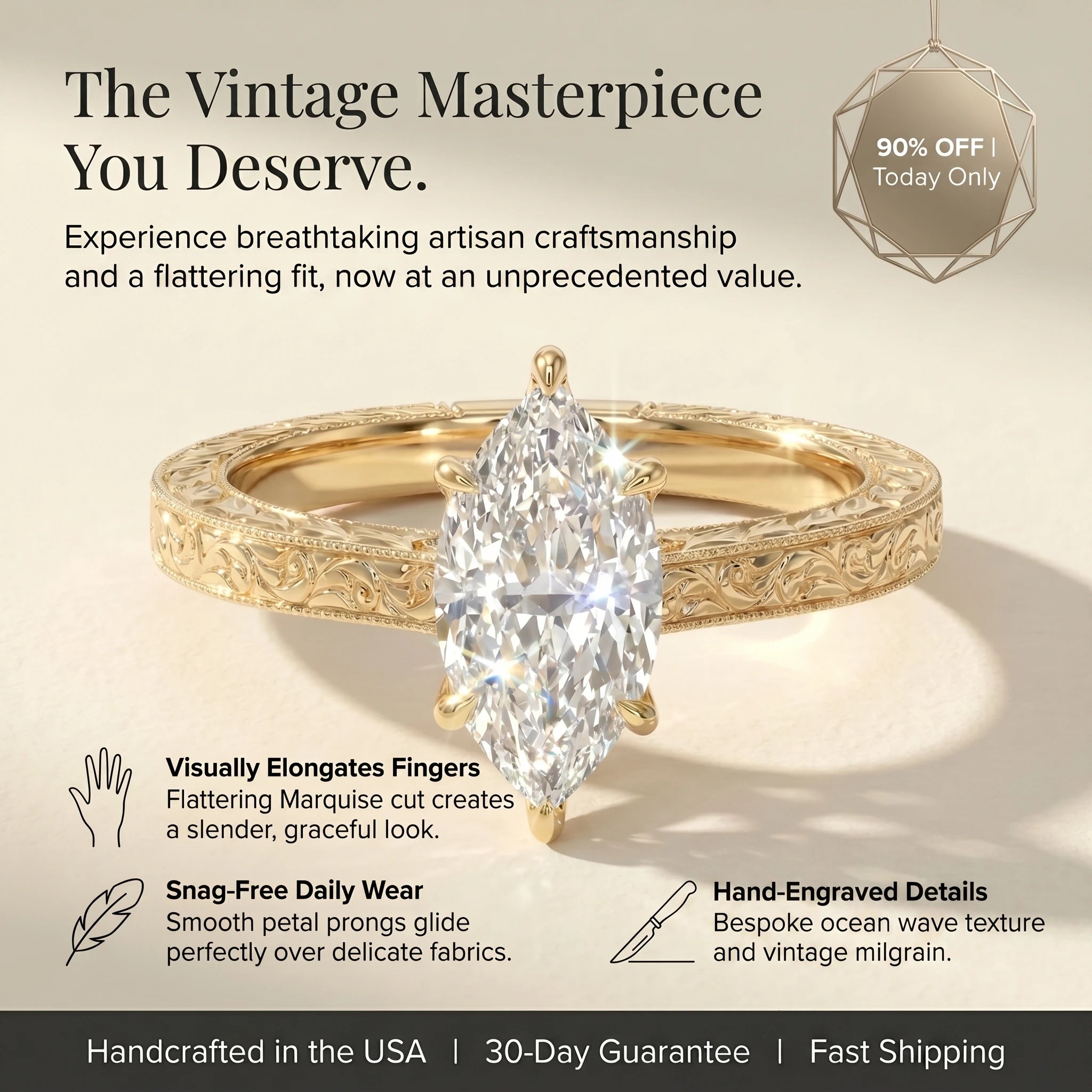 🔥90% OFF Last Day Sale |The Amvin Hand-Engraved Marquise Ring — Finger-Elongating Cut & Snag-Free Petal Prongs