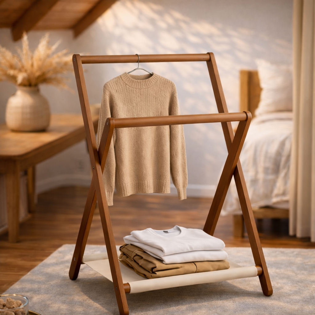 Foldable Wooden Storage Rack with Canvas Shelf