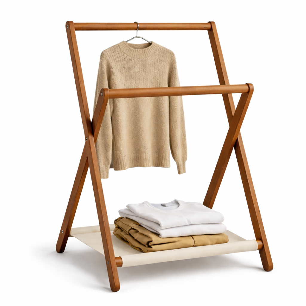 Foldable Wooden Storage Rack with Canvas Shelf