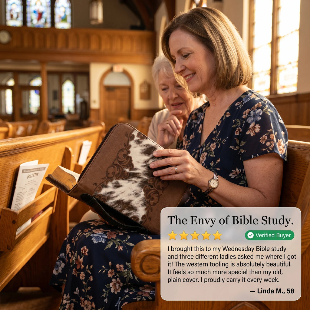 Last Day Sale!🔥 50% OFF The Sunday Grace Western Cowhide Bible Organizer — Handcrafted Zip-Around Cover for Study & Church