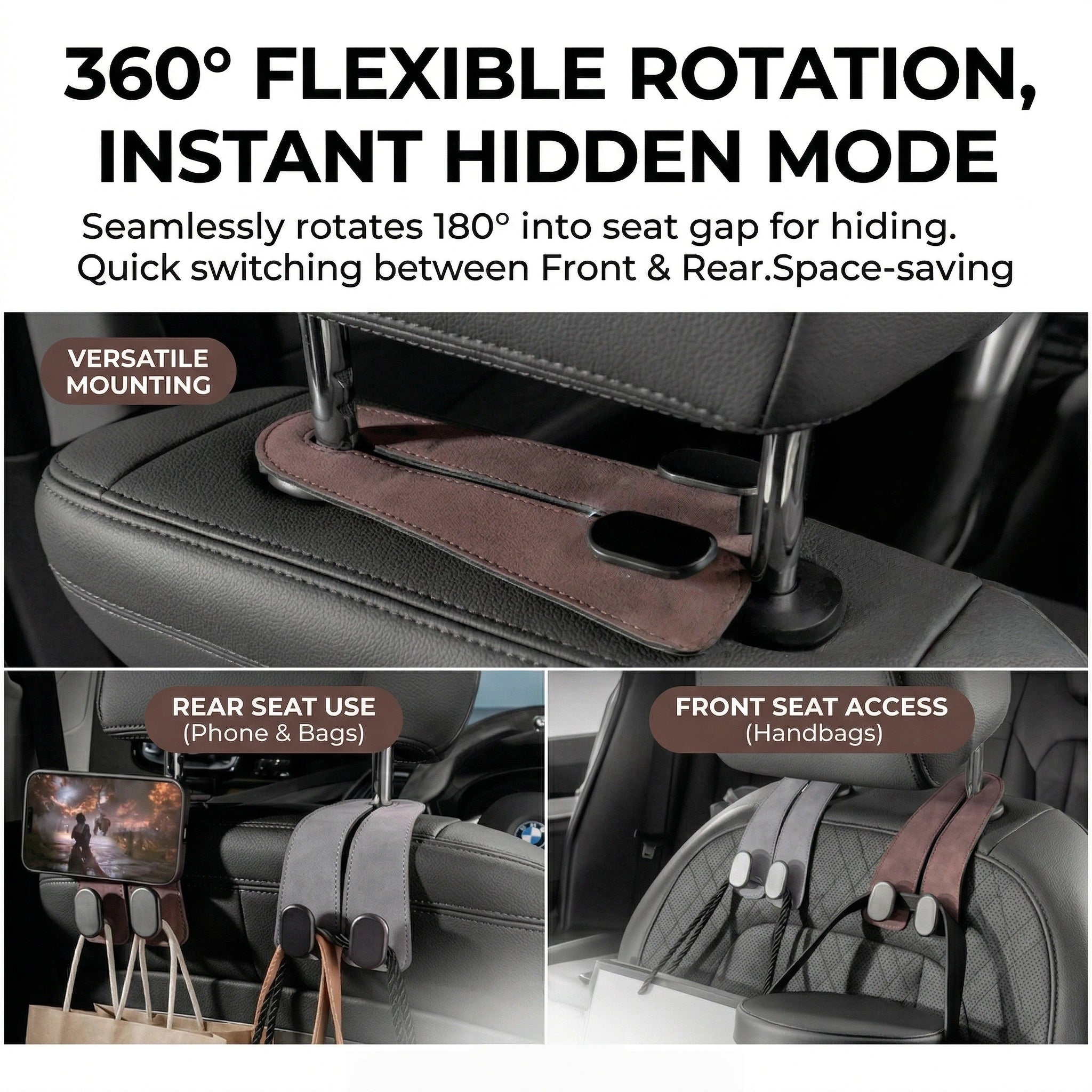 ZUVANTA™ Upgraded Bendable Suede Car Headrest Hooks, Anti-Rattle Metal Purse Holder for Car Seat, Heavy Duty 44lbs Double Hanger| 70% OFF🔥 Last Day Sale