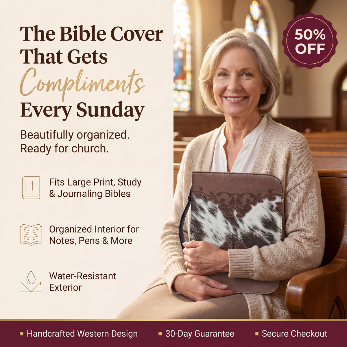 Last Day Sale!🔥 50% OFF The Sunday Grace Western Cowhide Bible Organizer — Handcrafted Zip-Around Cover for Study & Church